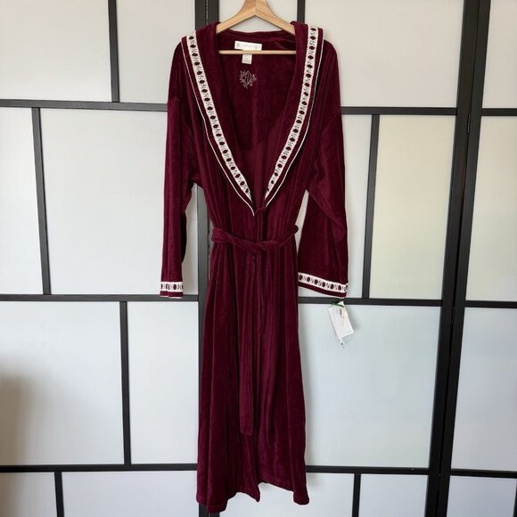 Eileen West Velvet Robe Burgundy Womens Large Embroidered Heirloom Old Money NWT